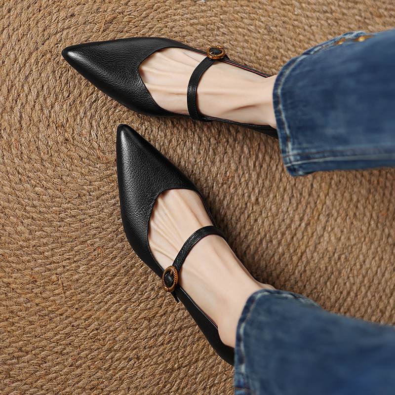 Krazing Pot Sheepskin Autumn Winter Shoes Thin Med Heels Size 43 Size 42 Pointed Toe Buckle Straps Shallow Pumps