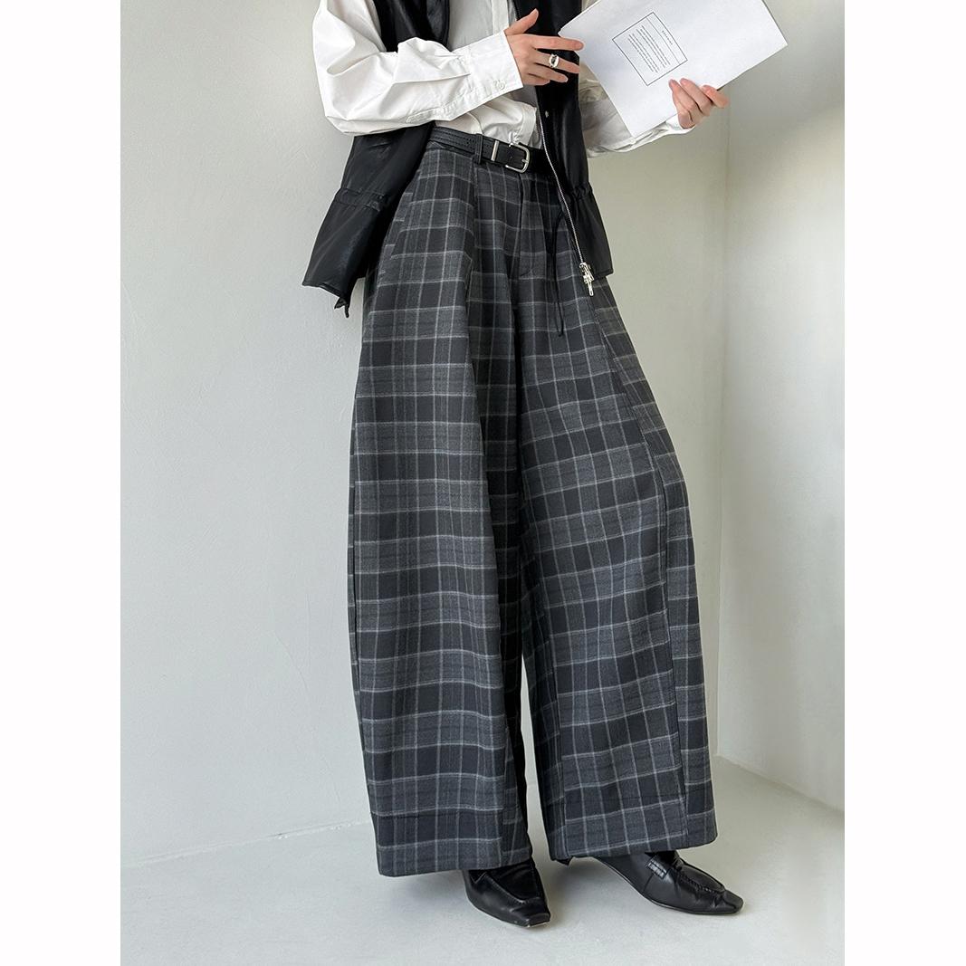 

Серые клетчатые брюки-палаццо с высокой посадкой в винтажном стиле, свободные брюки, женская модная волна, весна-осень M