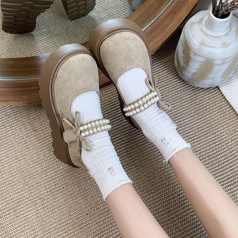 Non-slip muffin bag head shoes cute bow pearl thick sole heightening Mary Jane single shoes women's 2025 spring and autumn new models