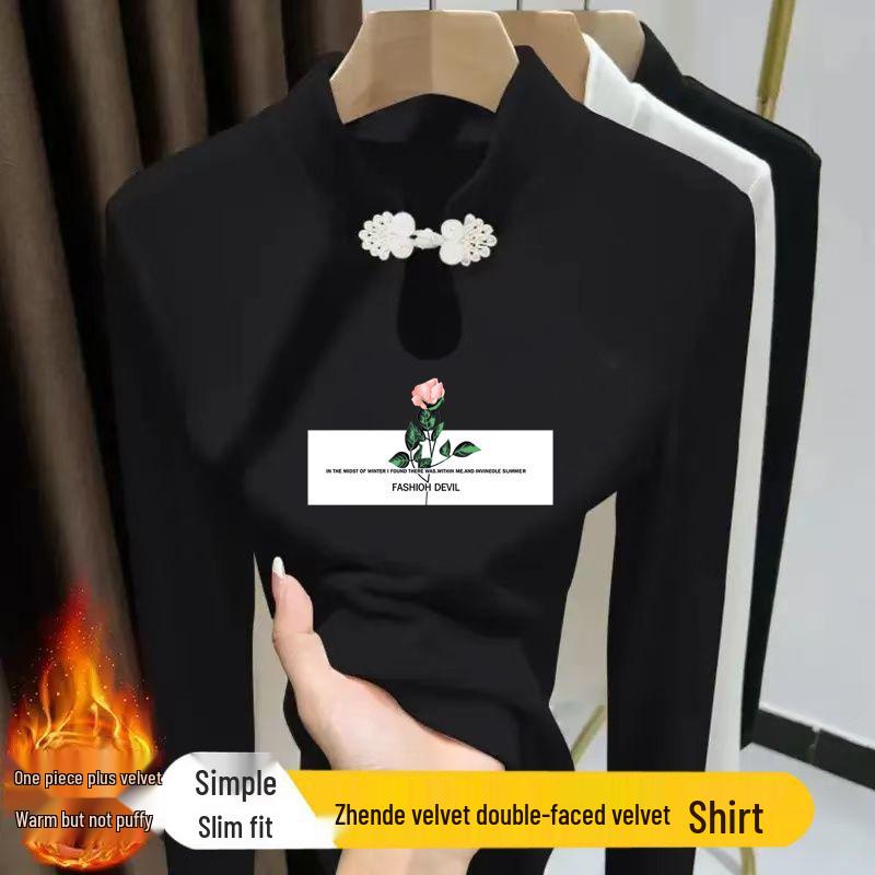 

Women s Warm Long Sleeve Stand Collar T-shirt with Frog Button and Water Drop Print L [100-115 jin]