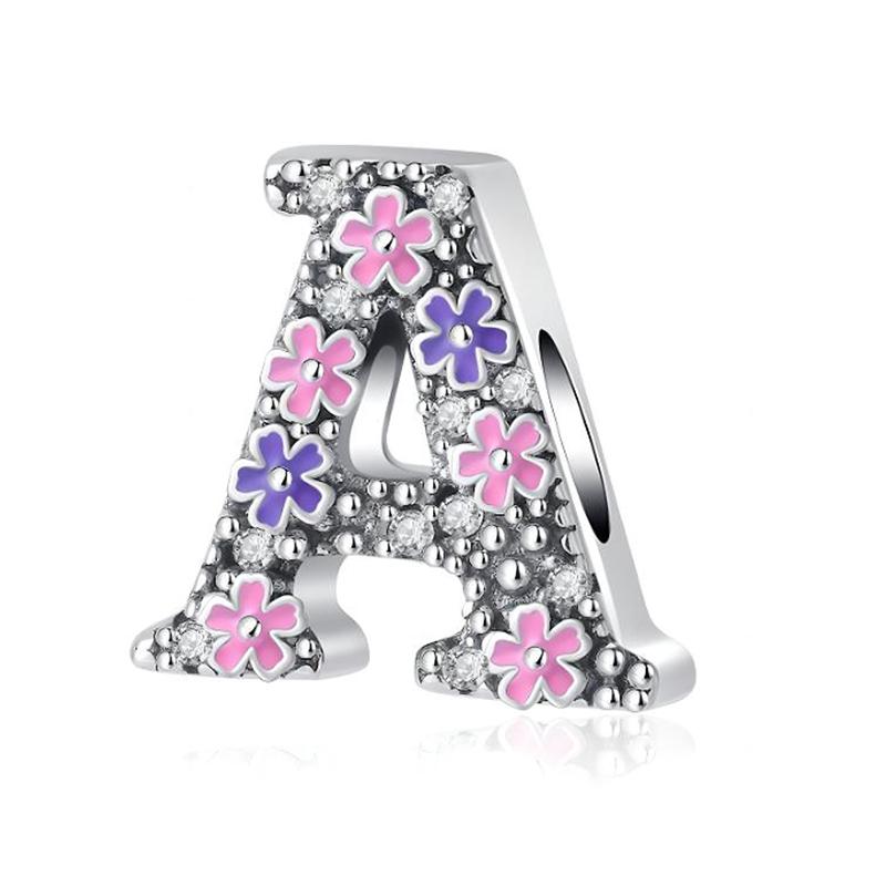 

Do It Yourself Women High Quality Fine Jewelry Gifts Pink Purple Flowers A-Z 26 Lucky Letters Charm Bead Component Bead Components Compatible With