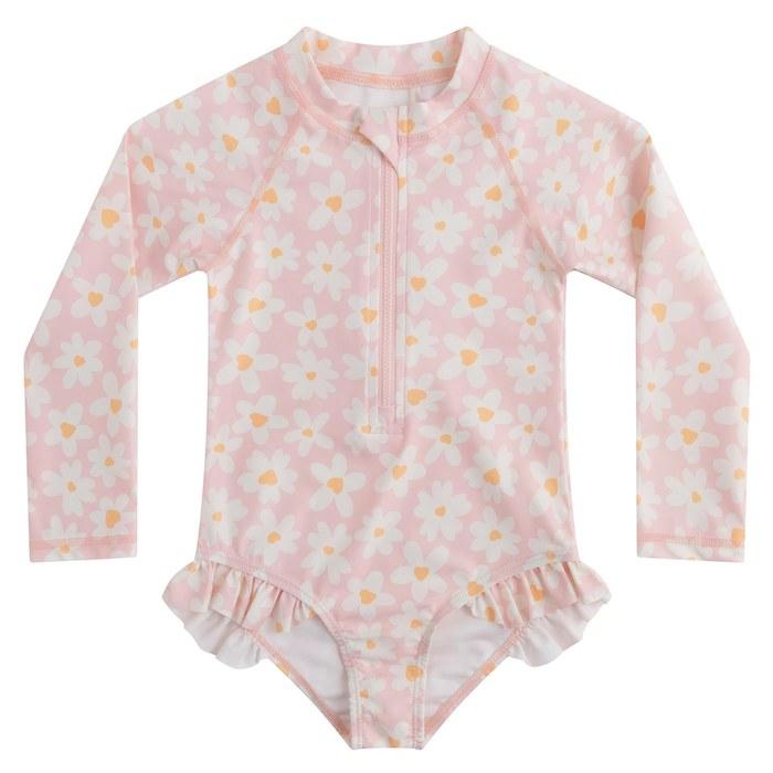 [GoUseGo] Kids  Two-Piece Swimsuit Set with Long Sleeve Rash Guard & Cap, 80-130cm, Pink Floral, 110 Regular
