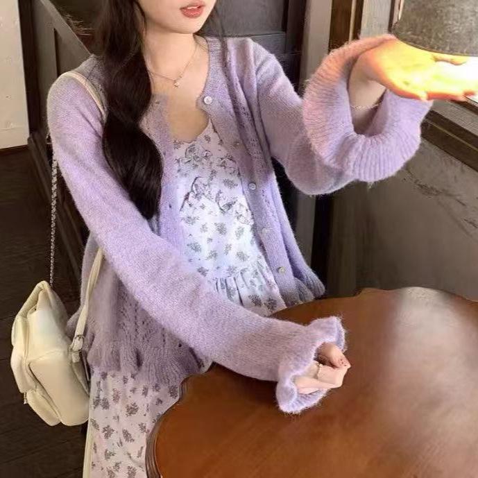 Spring 2026 Women's Gentle Hollow Knit Cardigan with Sweet Lace Hem