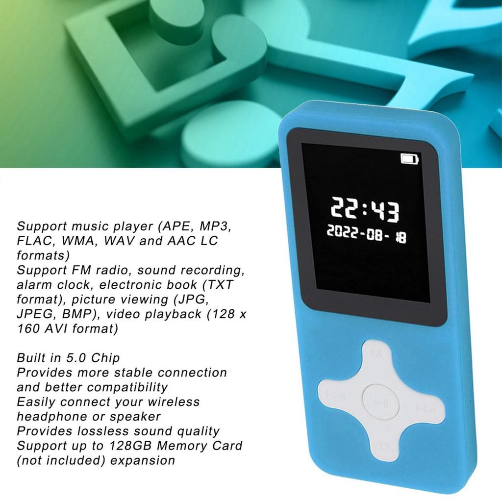 MP3-Player mit Bluetooth, Musik-Player mit UKW-Radio, Wecker, Aufnahme, Digitaler Audio-Player mit HiFi-Sound-Lautsprecher, 128 GB erweiterbar (BLAU)