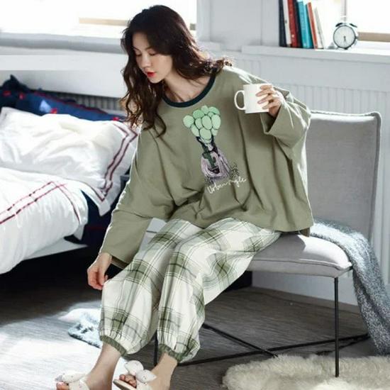 Women's Korean Smiley Face Cartoon Pajamas Set – Long-Sleeved Pullover & Trousers for Autumn/Winter