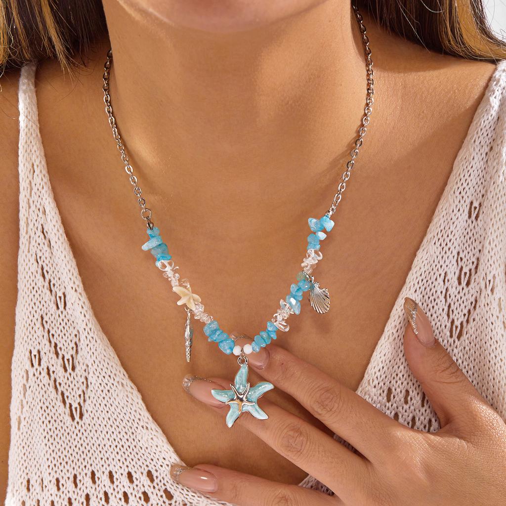 Summer Beach Vacation Necklace For Women Starfish Shell Pendant Irregular Stone Choker Neck Chain Hawaiian Holiday Party Jewelry