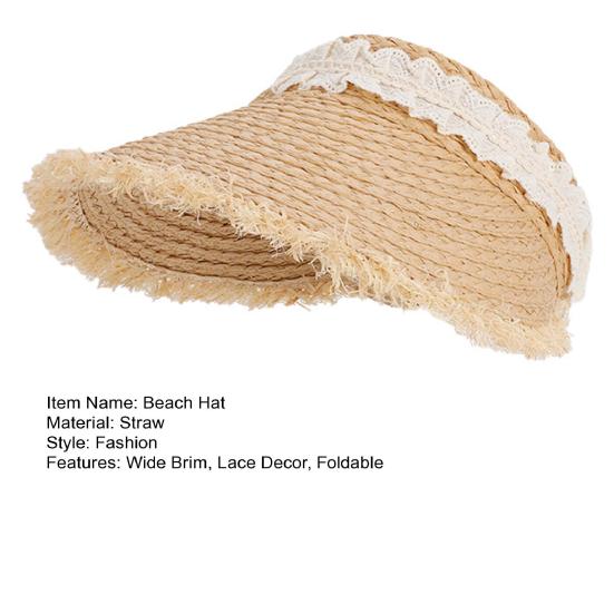 Summer Beach Hat Wide Brim Sun Protection Foldable Portable Straw Hat Tassel Lace Decoration Hollow Weave Hat