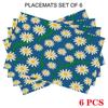 4/6 ks Obdélníkové podložky pod talíř - 18x12 palců, Látka s potiskem Vintage Daisy na modrém pozadí, 2D vzor s prvky, Snadno čistitelná, Tepelně izolační na stůl