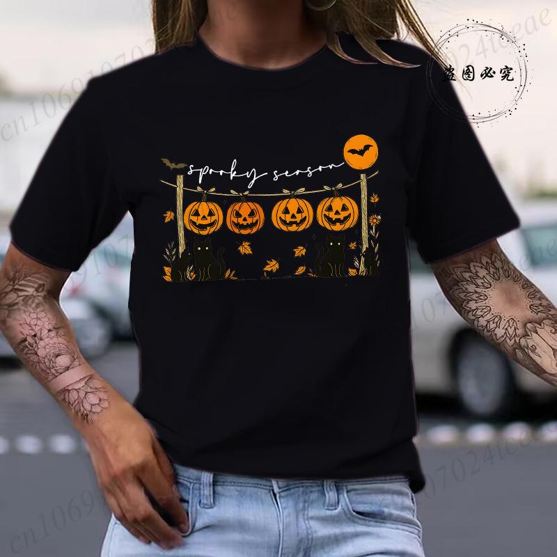 

Black Cat Pumpkin Halloween TShirt Tee Spooky Season TShirts Short Sleeve Sportwear Fashion Casual Womens TShirts Clothing S