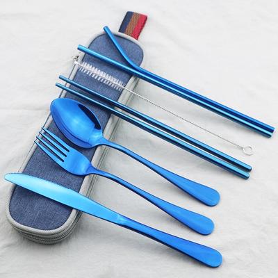 Juego de vajilla de acero inoxidable de 8 piezas, juego de cubiertos portátiles de viaje con pulido de espejo, cuchillo, tenedor, cuchara, pajita, juego de cubiertos con bolsa
