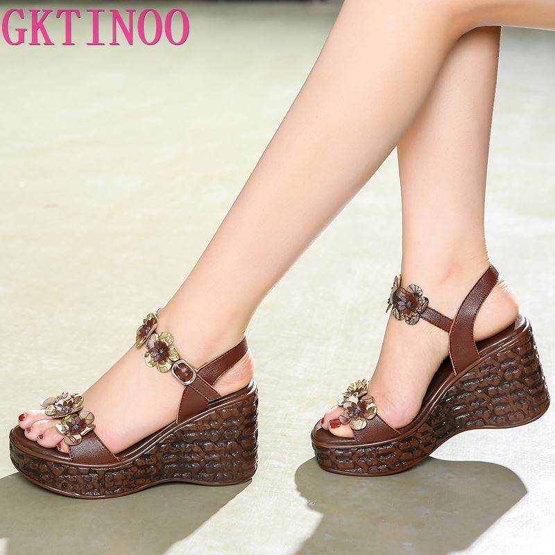 Fashion GKTINOO Genuine Leather Retro High Heels Sandals Women Shoes Buckle Strap 2025 New Spring Summer Wedges Lady Platform Sandals