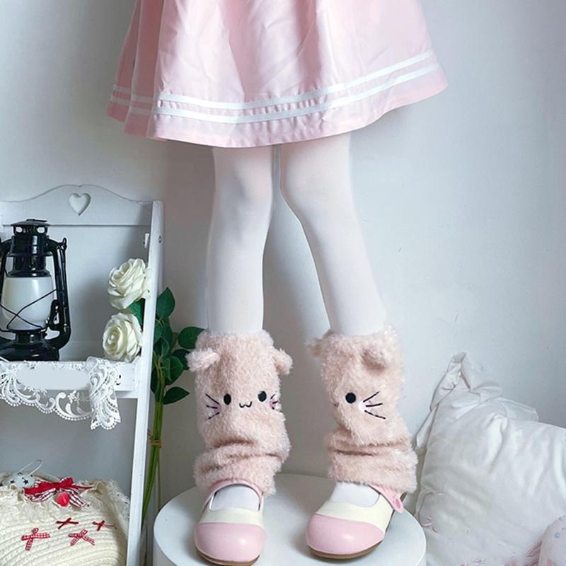 Japanese Cute Cats Ears Faux Furs Leg Warmers for Women Girls Warm Thermal Fuzzy Plush Foot Covers Long Calf Socks