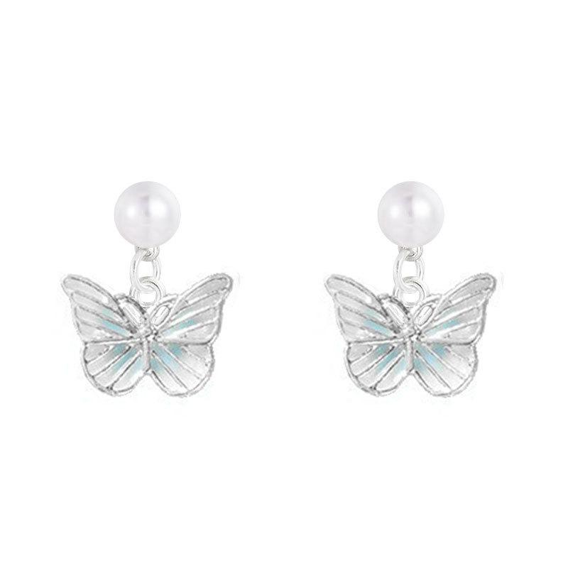 Fresh And Sweet Gradual Change Blue Butterfly Pearl Earrings Mori Cute Simple Stud Earrings Temperament Light Luxury High-End Earrings