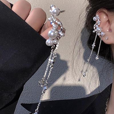 Elegant Clip-On Long Tassel Pearl & Zircon Earrings for Women