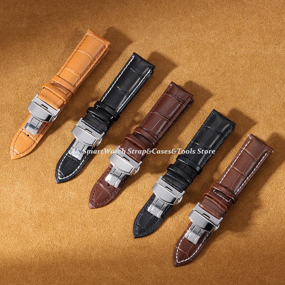 Business Casual Black Brown Genuine Calfskin Leather Watch band Strap Butterfly Buckle Crocodile Pattern Bracelet 18 20 22 24mm