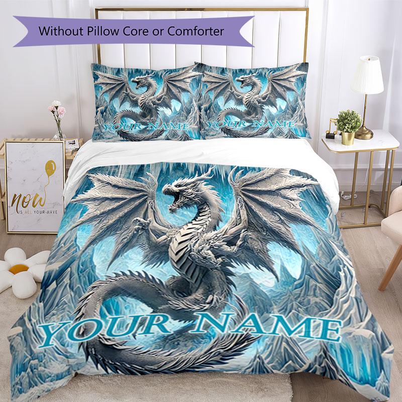 3PC Custom Name Frosty Dragon's Majesty Bedding Set Duvet Cover Closure Includes 1 Duvet Cover & 2 Pillowcases for Bedroom