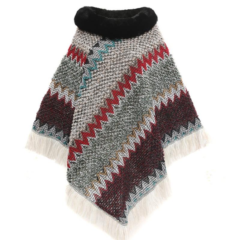 Color Ethnic Style Pullover Cape Women's Fur Collar Women's Knitted Cape Warm Autumn and Winter Shawl