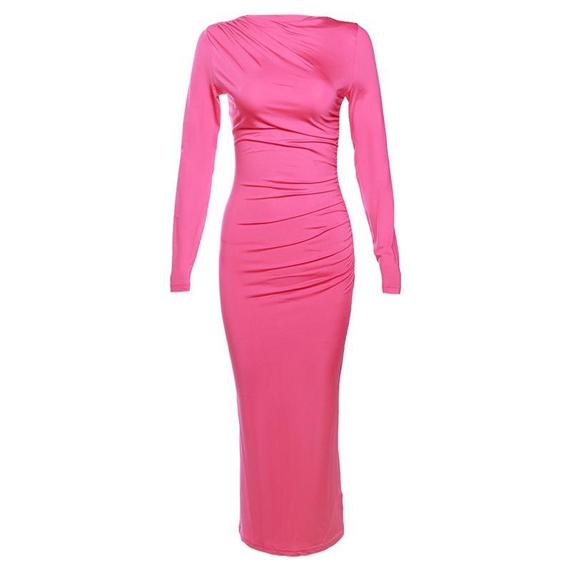 New Women's Round Neck Long Sleeved Bodycon Dresses Tight Casual Solid Color Wrap Long Dress Clothing