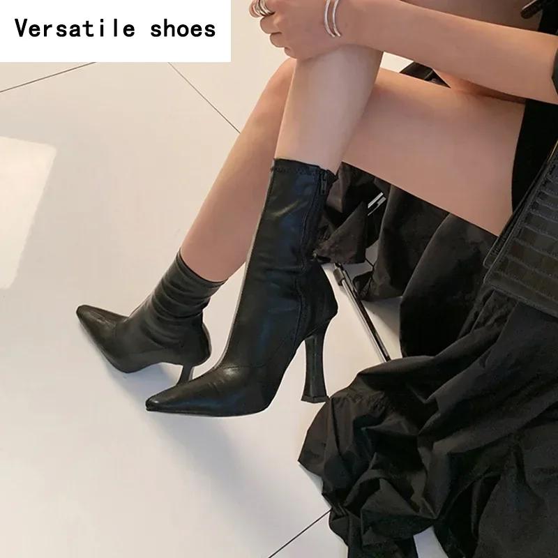 Black Women Ankle Boots Woman Thin High Heel Fashion Pointed Toe Zipper Winter Women's Shoes Leather White Short Booties
