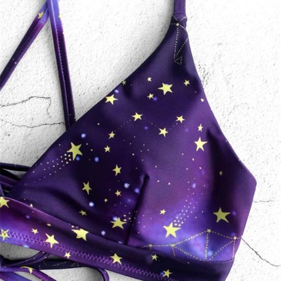 2Pcs/Set Gradient Bikini Set Wire Free Star Print Tie Belt Bathing Suit for Beach