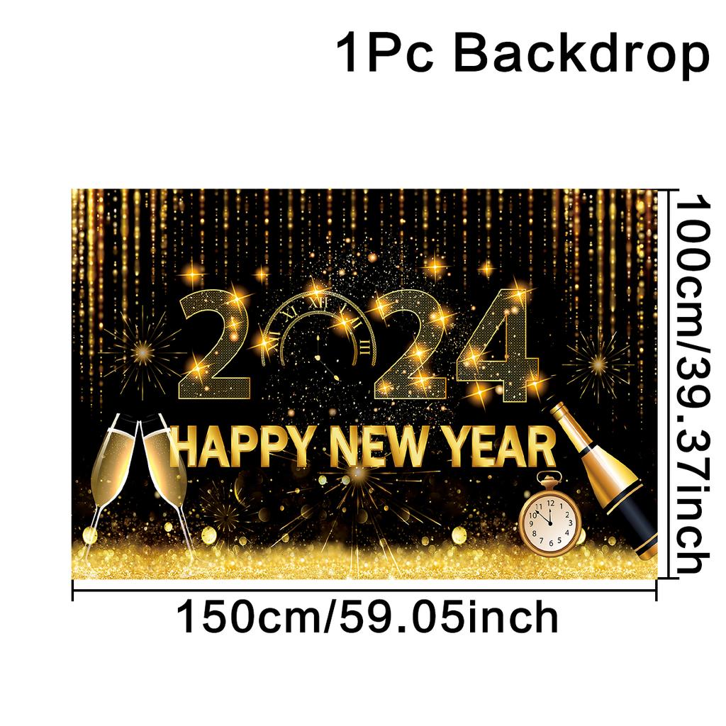 2024 New Year Party Backdrop Firework Clock Bokeh Champagne Photocall Celebrate Banner Boy Girl Adult Backgrounds Decoration