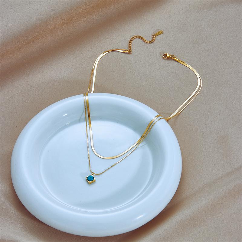 Gold Plated Stainless Steel Double Layer Snake Chain Necklace with Turquoise Pendant for Women