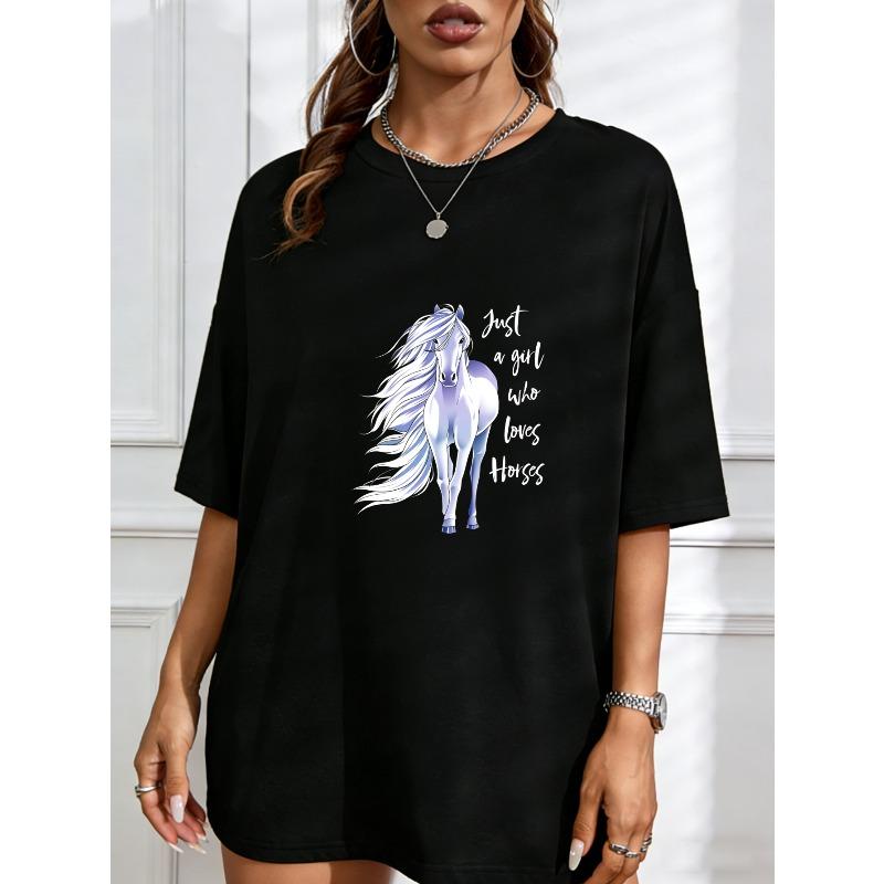 

White Short Sleeve T Shirt With Purple Horse Print And Text For Casual Wear XXXXL чорний