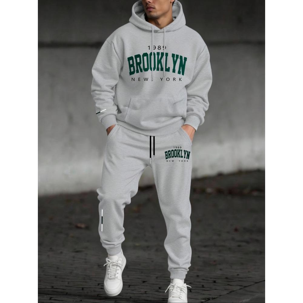 

Fashionable Men s Casual 2 Piece Set with Letter Flag Print Drawstring Hooded Sweatshirt and Drawstring Outdoor Sports Pants, Cool Set S серый