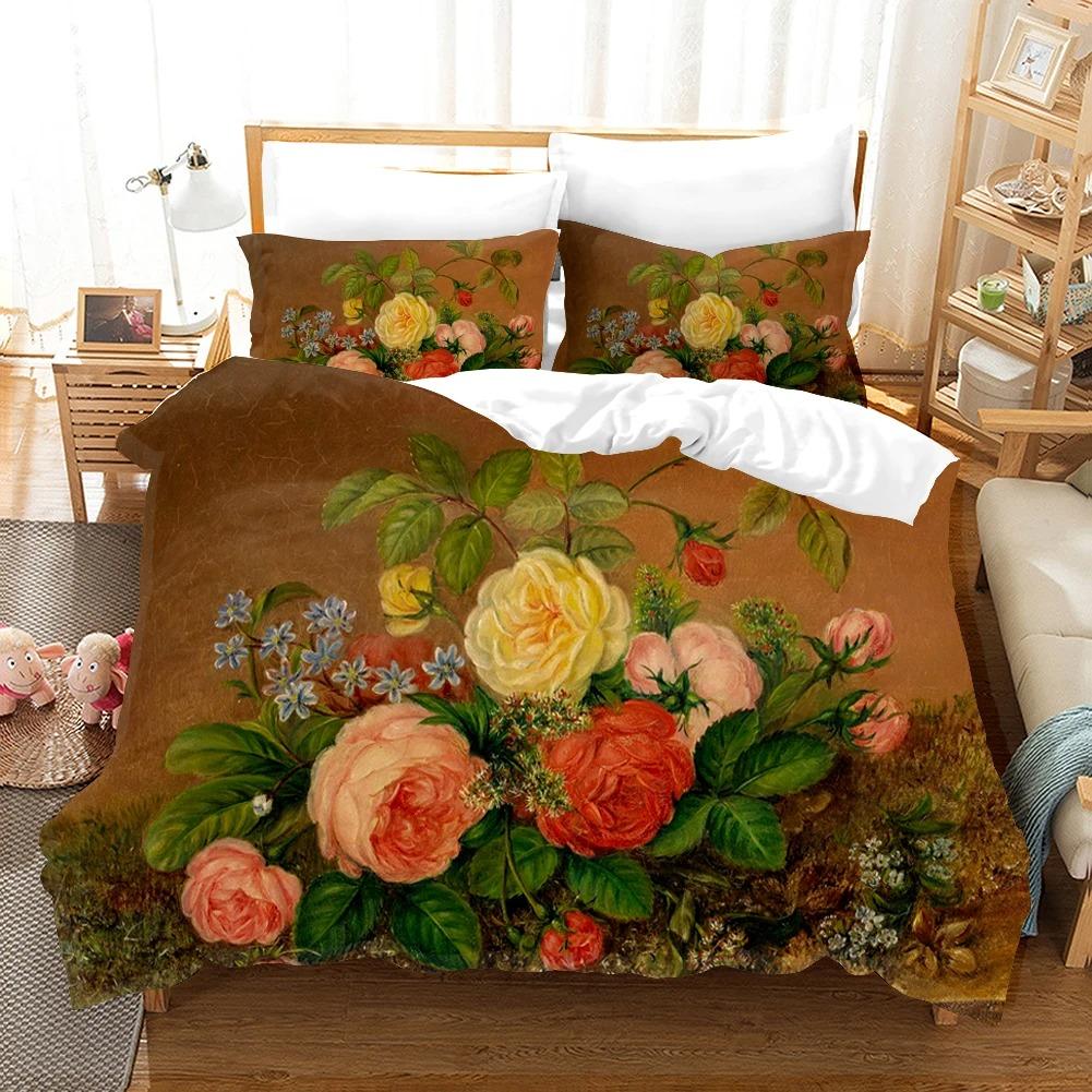 Pintura a óleo Flores Impressão Digital Conjuntos de Cama de Poliéster Roupas de Cama para Adultos Colcha Arte Capa de Edredom Conjunto Solteiro King Queen Size