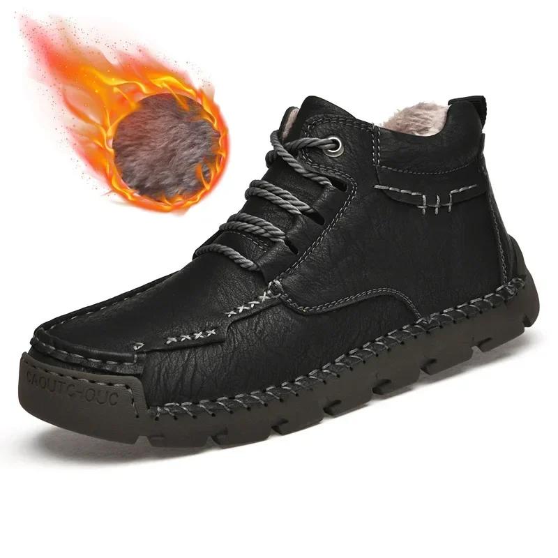 

Модные походные ботинки для мужчин, осенне-зимние ботинки для снега, дополнительные плюшевые высокие мужские туфли, сшитые вручную кожаные ботинки 2024 41