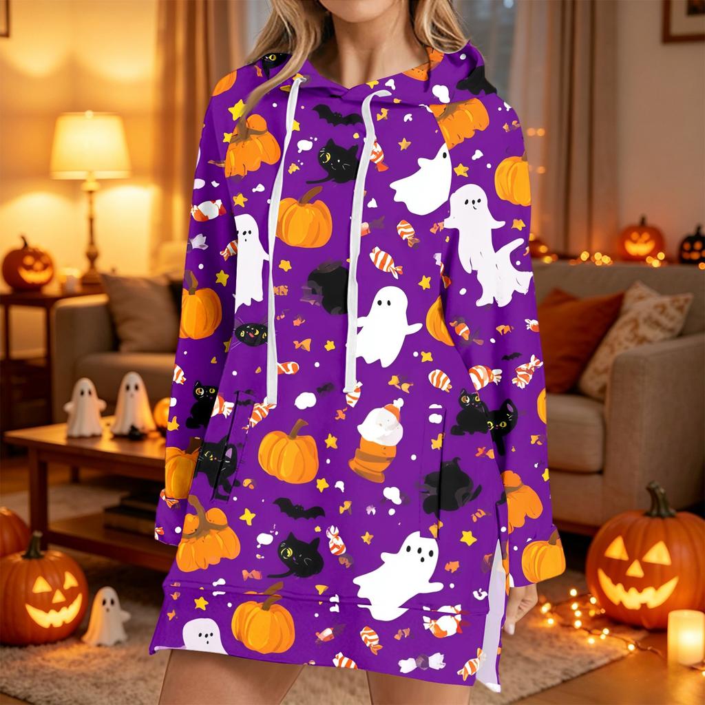 Women's Casual Long Sleeve Halloween Print Hoodie Pullover Top for Fall Festive Wear
