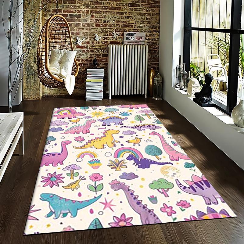 Colorful Cartoon Dinosaur Pattern Carpet for Kids, Cute Rainbow Design Suitable for Use As an Anti-slip for Living Room Bedroom Sofas