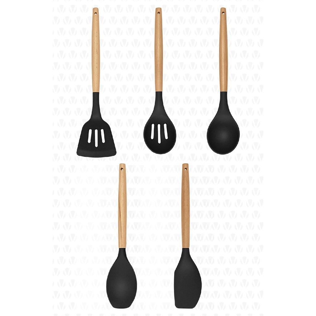 Lingo 5-teiliges Küchen- und Kochutensilien-Set aus Silikon mit Bambusgriff, Grau