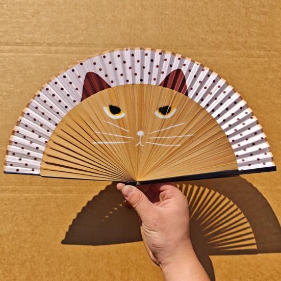 Cartoon Cat Folding Fan Japanese Style Wooden Hand Held Fan Portable Summer