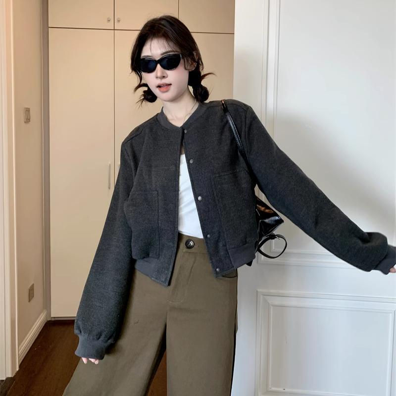 Women's Loose-Fit American Retro Short Baseball Jacket Casual Gray Outerwear for Autumn
