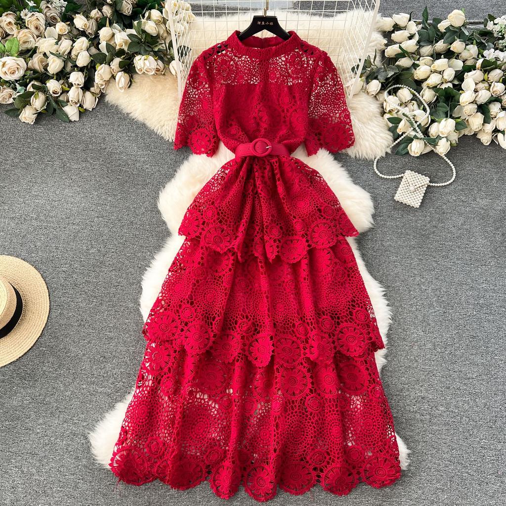 Summer Hollow Out Ruffles Lace With Belt Patchwork Dress High Waist Vestidos Sweet Style Women's Dresses Autumn Spring