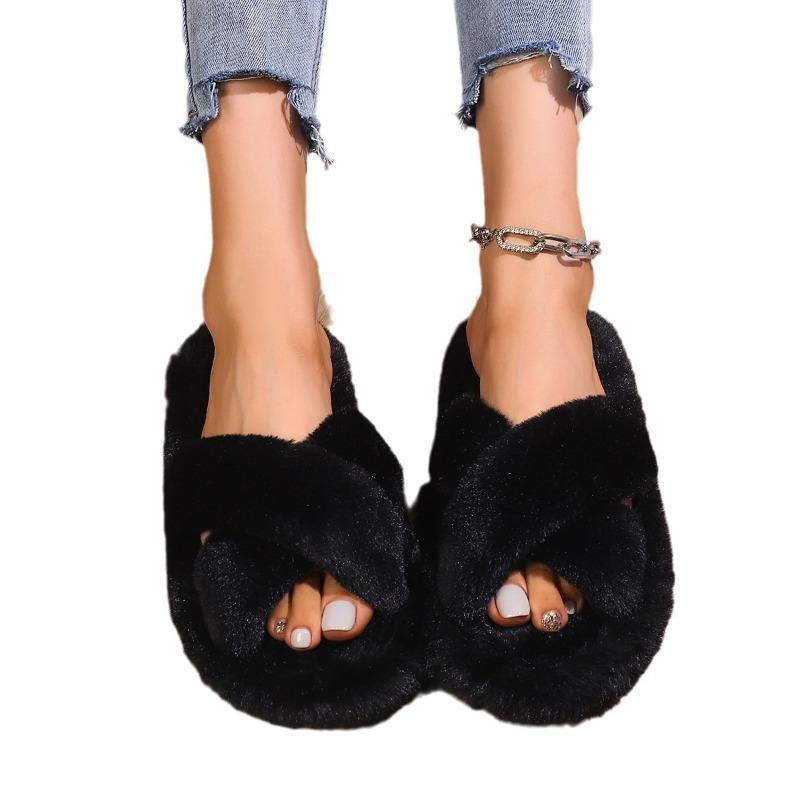 Hairy slippers women's autumn and winter outer wear non-slip indoor thick bottom home furry cotton slippers open winter
