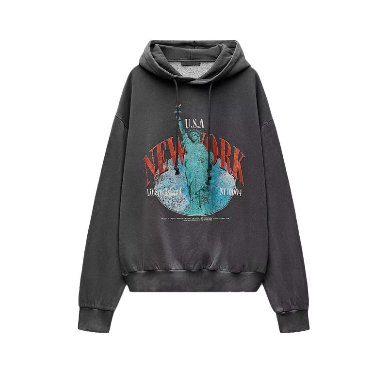 

Spring New Women s Clothing Old New York Printed Hooded Long Sleeve Sports Style Casual Sweatshirt 0085155 Dark gray L