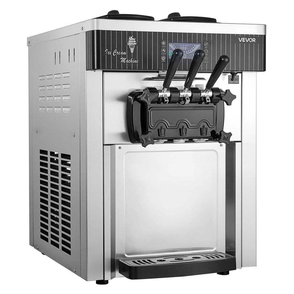 Komercyjna Maszyna do Lodów, Wydajność 20-28L/H, 2200W, 3 Smaki, Blatowa Maszyna do Lodów Miękkich z 2 x 6L Zbiornikami i Mieszadłem w Zbiorniku, Wstępne Chłodzenie