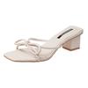 Women Summer Ribbon Bow-shaped Open-toe Thick Heel Slippers Elegant PU Leather High Heel Slide Shoes