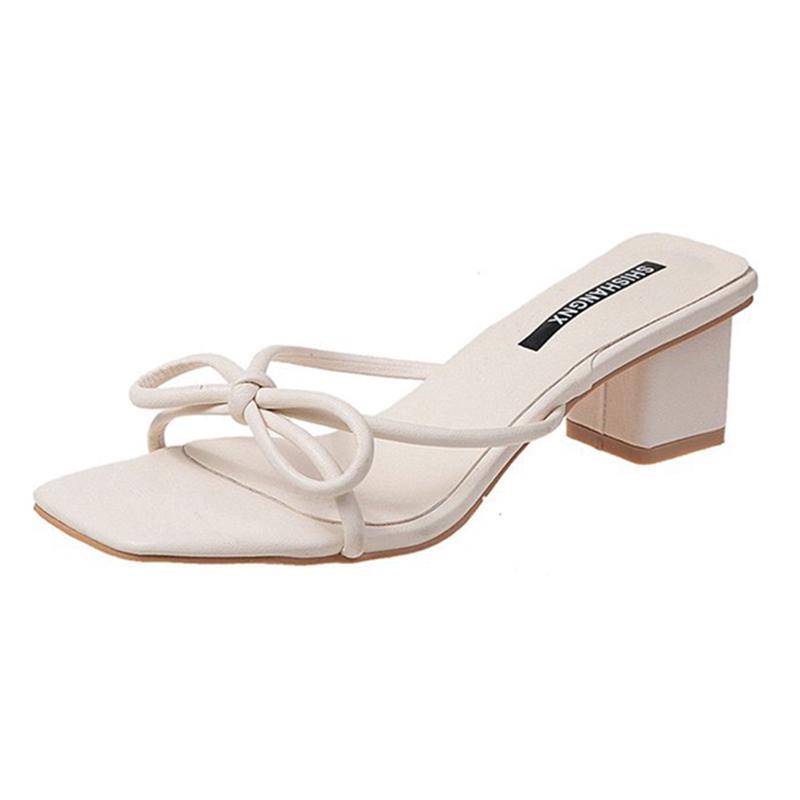 Women Summer Ribbon Bow-shaped Open-toe Thick Heel Slippers Elegant PU Leather High Heel Slide Shoes