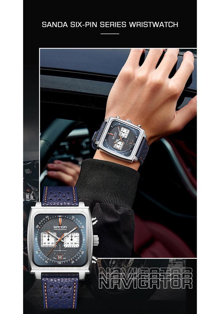 Sanda Men's Chronograph Quartz Watch: Square Dial, Three Eyes, Six Hands, Luminous, Calendar, Waterproof.