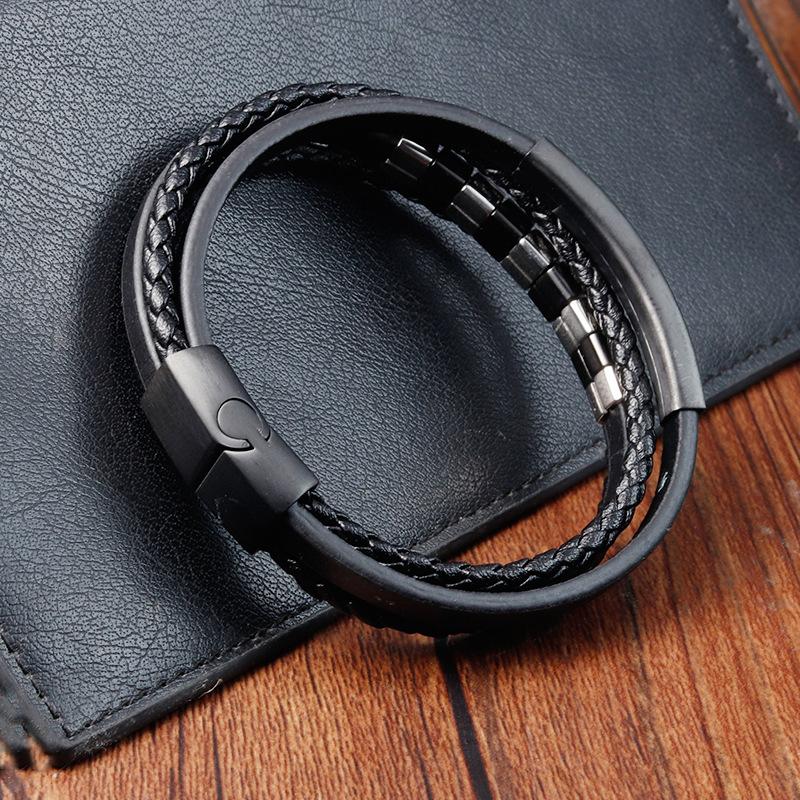 Men's Black Leather Bracelet Double Layer Rope Simple Stainless Steel Braided Handmade Wristband Outdoor Jewelry Accessories