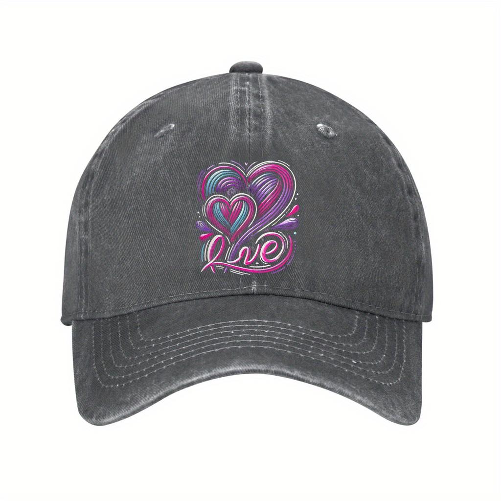 Colorful Love Heart Graphic Washed Denim Baseball Cap Unisex Cotton Casual Adjustable Outdoor Sports Hat