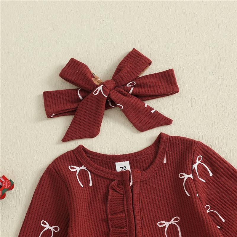 Newborn Baby Girl Christmas Oblique Zipper Romper Long Sleeve O Neck Print Jumpsuit with Headband