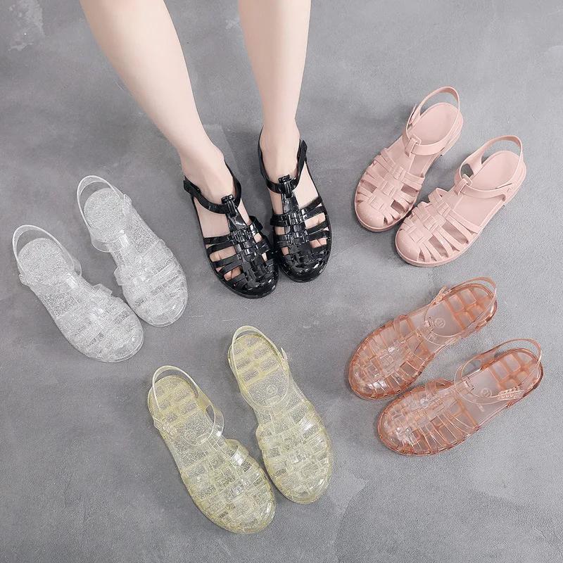 Fashion Summer New Fashionable Breathable Baotou Sandals for Women Bottom Low Hee Transparent Crystal Jelly Shoes Summer Women Shoes