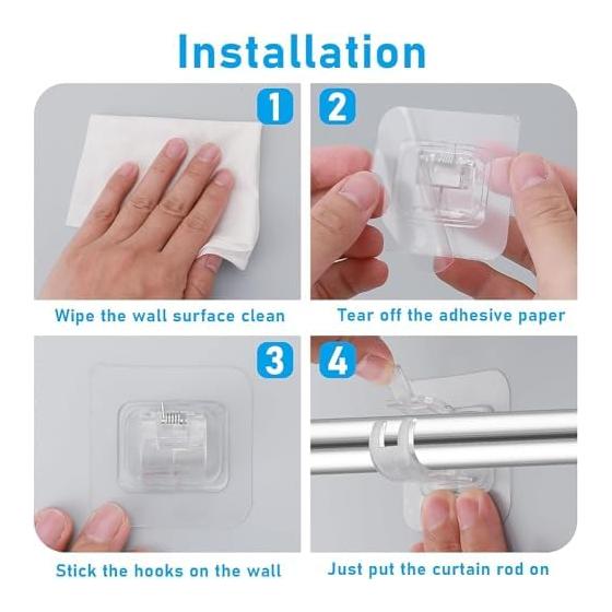 Set of 4 Round Rod Fixing Clips Curtain Rod Bracket Support Bar Wall Hanging Hook Rail Pole Holder Adhesive Tape Wall Hanging Hook Shower Bottle