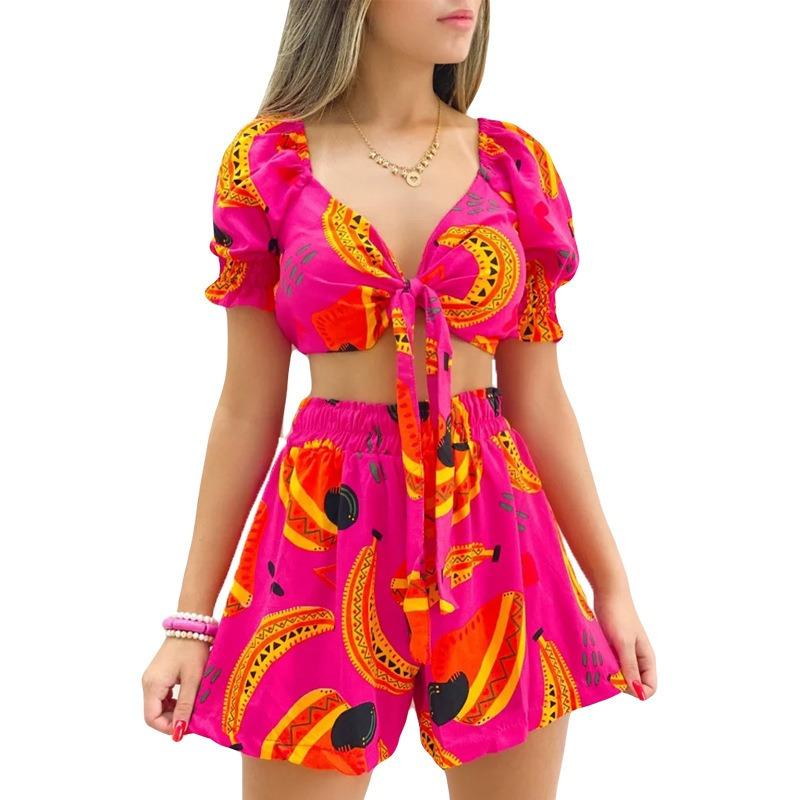 

YYFS Женская мода повседневная летняя весенняя цветочная модель с принтом, короткие рукава, V-образный вырез, блузки и рубашки, брюки, костюмы XXL