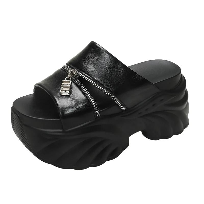 Fashion 9CM Women ZIP Style Chunky Slippers Summer Ladies Beach Flip-Flops Wedges Heels Outside Sandals Black Woman High Platform Shoes