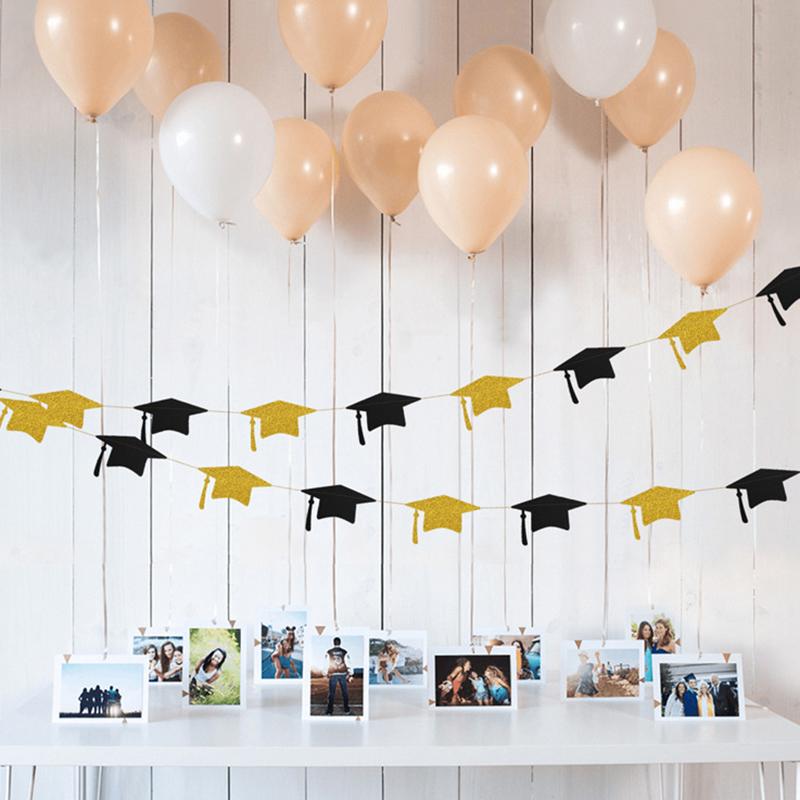 Black Gold Graduation Bachelor Hat Banner Paper Cap Garlands For School Celebrations 2023 Graduation Party Hanging Decorations